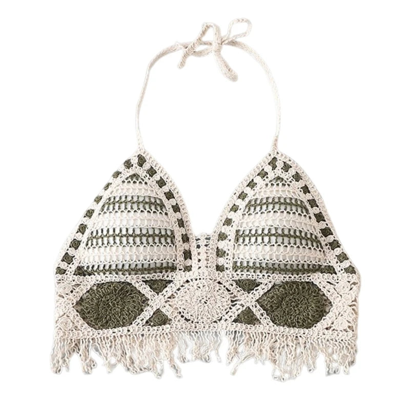 Verão malha sem curto colheita topo feminino sexy oco para fora crochê borlas bainha cabresto sutiã bustier almofadas no peito dropshipping