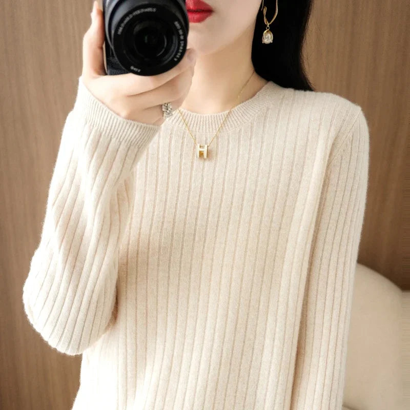 2025 mulheres suéteres outono inverno manga longa pullovers o pescoço listra quente pulôver coreano moda camisas de fundo solto jumper