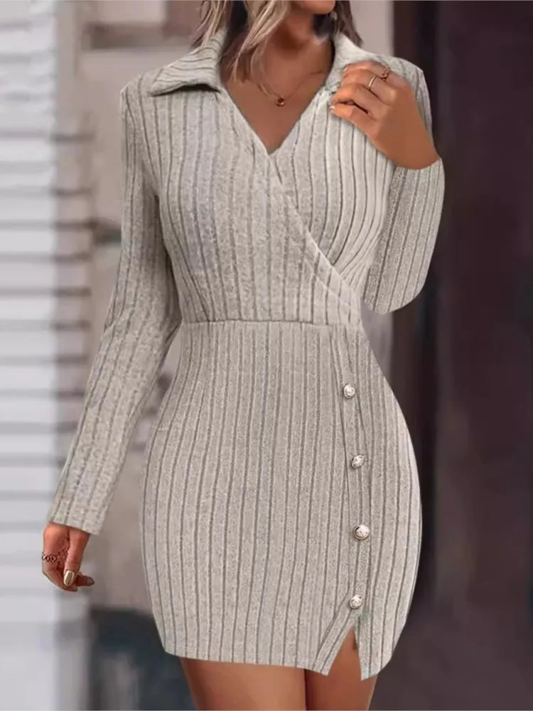 Mini vestido de malha com decote em v feminino, botão, encaixe apertado, abraço do quadril, vestidos de manga comprida, monocromático, fino, sexy, outono, inverno, novo