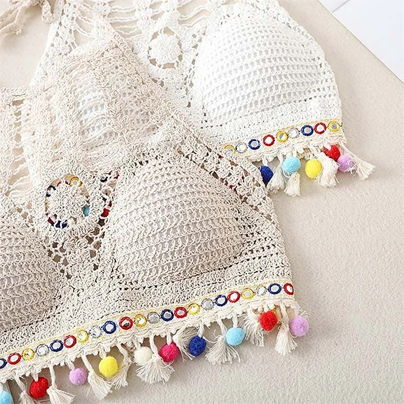 Estilo étnico boêmio Sexy malha Backless Curto Top feminino, Leve Crochet Hem Halter Bras, Escavar o Bustier, Crochê