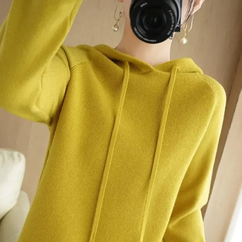 Camisola com capuz mulher outono inverno manga longa quente camisa de fundo sólido casual pullovers malha topos moda coreana jumper 2025