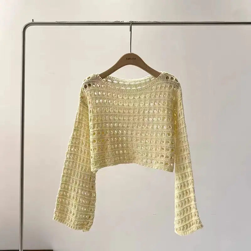 Manga longa crochê malha topo verão praia bikini cobrir colheita pulôver lã malhas blusa feminina férias boho outfit