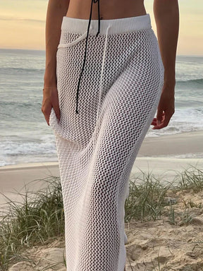 Saia longa de malha vazada para mulheres, transparente, casual, férias, praia, roupas, malhas sólidas, rendas, saia feminina y2k