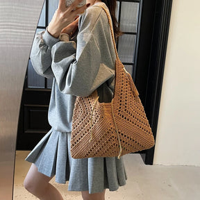 bolsa feminina bolsa de praia bolsa feminina luxo bolsa faculdade Conjunto de bolsa de ombro 2 em 1 de crochê para mulheres ráfia boho rattan verão praia férias sacolas de malha design bolsas femininas 2025