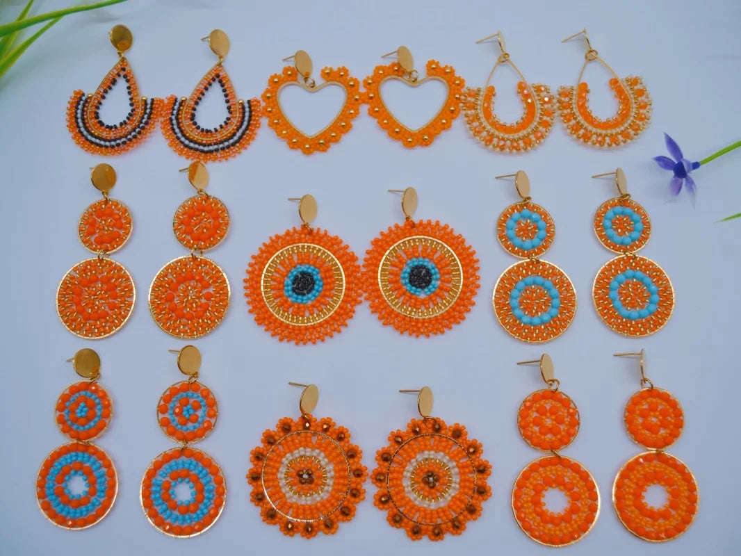 Brincos de contas redondos laranja girassol individualidade bohemia oco moda mão tricô simples arroz grânulo brincos