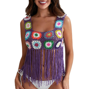 Mulheres Crochet Regata com Borlas, Cobertura de malha Ups, Bordado Floral Colorido, Camisola Boho Verão, Escavar Beachwear, Traf