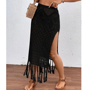 Saia sarong de malha para mulheres, fenda alta, encobrimento de borla, biquíni sexy, praia, férias, verão