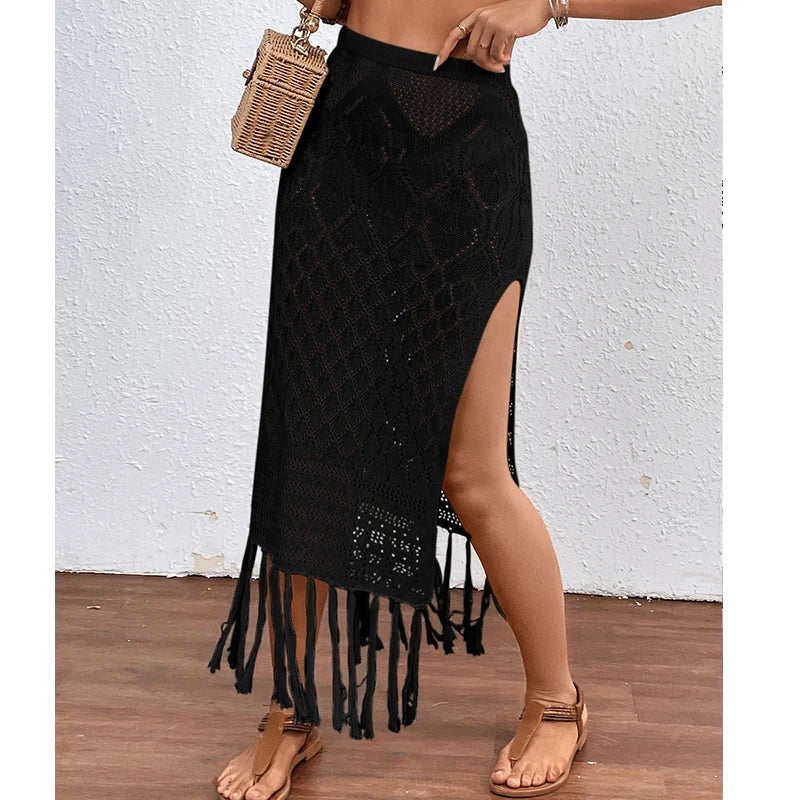 Saia sarong de malha para mulheres, fenda alta, encobrimento de borla, biquíni sexy, praia, férias, verão