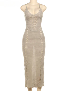 Bwq gato malha elegante vestido feminino sem mangas sem costas cruz bandagem estiramento simples sexy festa de aniversário clubwear vestidos finos