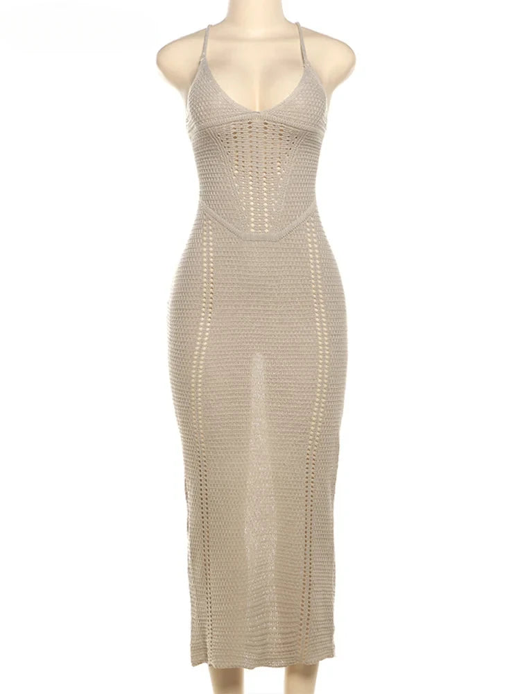 Bwq gato malha elegante vestido feminino sem mangas sem costas cruz bandagem estiramento simples sexy festa de aniversário clubwear vestidos finos