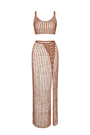 Maiô feminino de duas peças oco, malha de malha, sutiã sexy, saia longa, conjunto de biquíni, roupa de banho de praia, roupa de banho, novo, 2023
