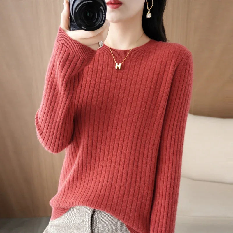 2025 mulheres suéteres outono inverno manga longa pullovers o pescoço listra quente pulôver coreano moda camisas de fundo solto jumper