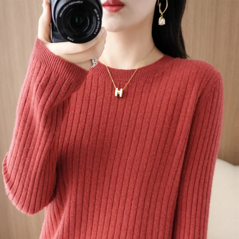 2025 mulheres suéteres outono inverno manga longa pullovers o pescoço listra quente pulôver coreano moda camisas de fundo solto jumper
