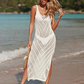 Suéter de malha feminino verão praia maxi vestido senhora sexy decote em u oco malha pulôver ver através casual vestidos de estilingue fino