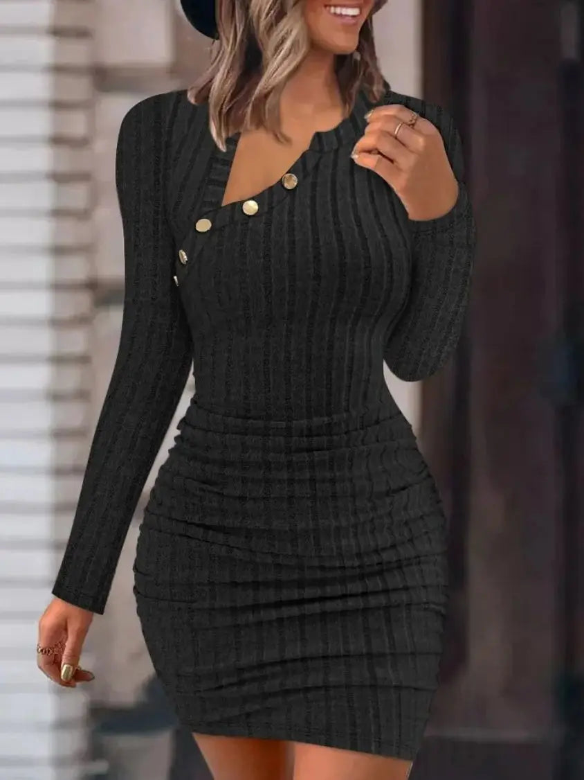 Vestidos bodycon com gola redonda e botão para mulheres, cor sólida, mini vestido envoltório com nervuras, slim fit, suéter de malha franzido