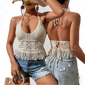 Mulheres verão praia boho colheita topos sexy y2k malha sem costas oco para fora regatas crochê borlas hem halter sutiãs bustier topo