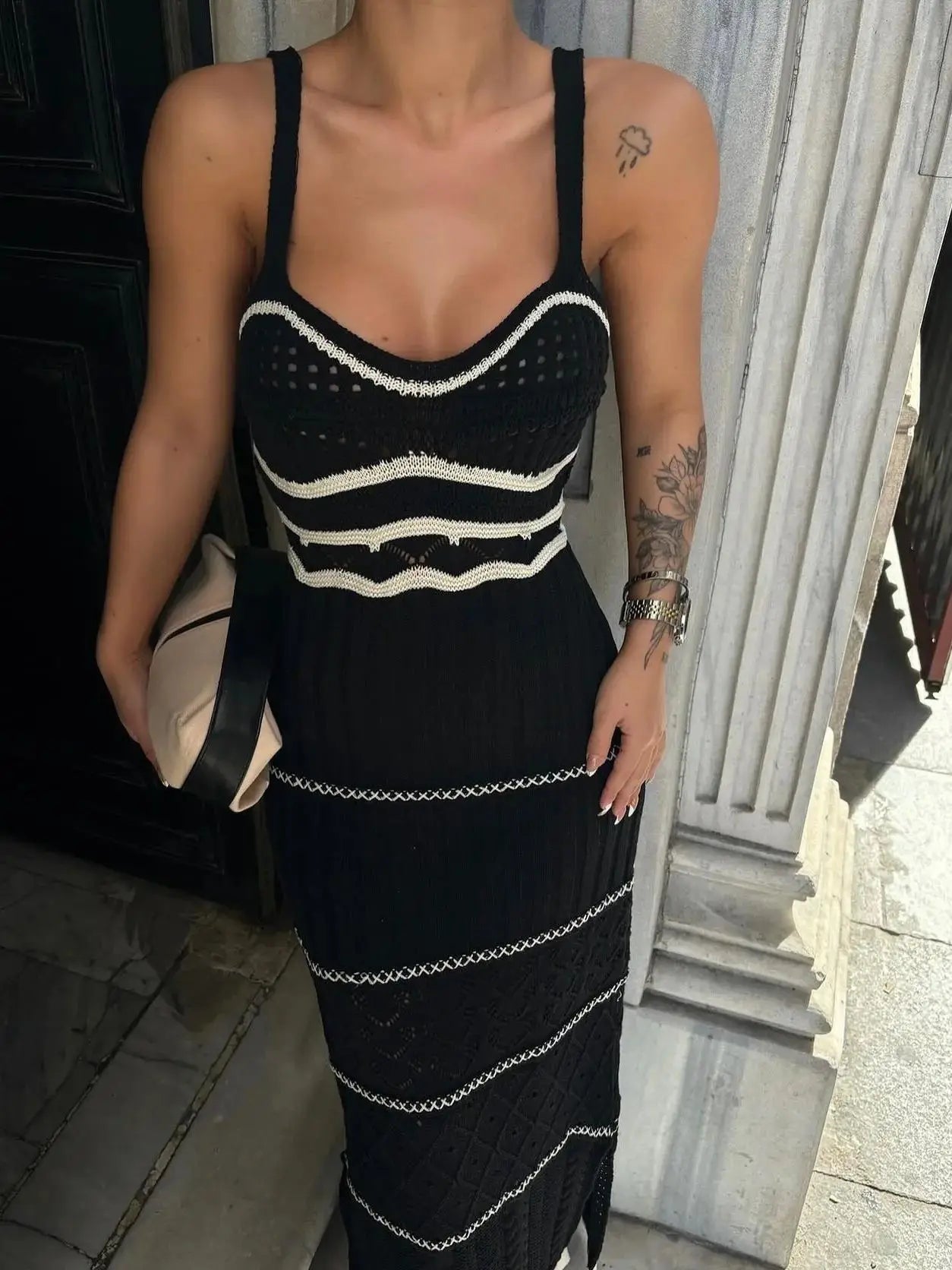 Listrado elegante malha crochê vestido feminino 2025 verão praia férias sem mangas sem costas vestidos longos femininos com decote em v vestidos sexy