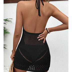 Novo estilo sexy sem costas amarrar halter vestido de malha oco para fora maiô cobrir mulheres praia férias u-gola protetor solar vestido