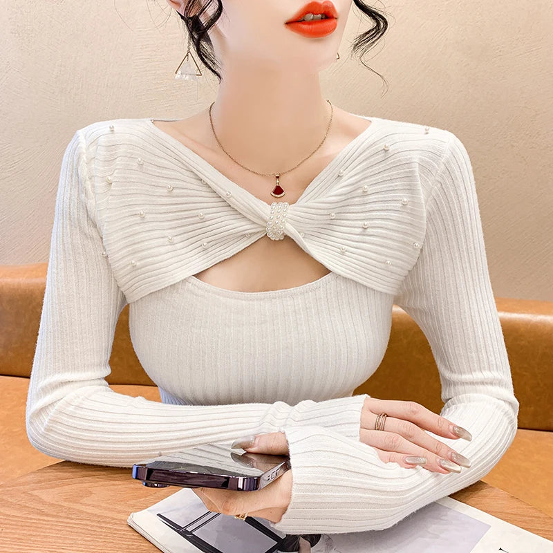 Elegante outono inverno suéteres femininos pullovers moda coreana y2k roupas com decote em v arco sólido bordado manga longa malha topos