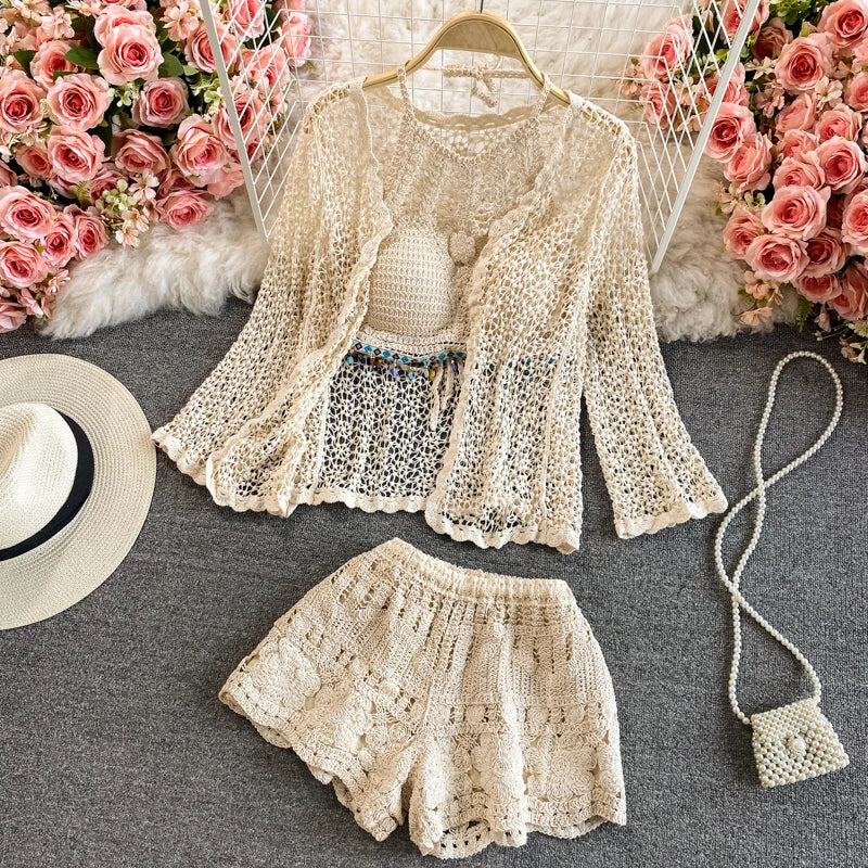 Verão 3 peças conjuntos senhora boêmio rendas crochê conjunto camis shorts capa superior camisas conjuntos allure praia férias conjuntos femininos