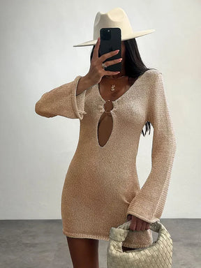 Sexy manga larga magro vestido de malha 2024 outono/inverno feminino elegante com decote em v vestidos curtos a2917
