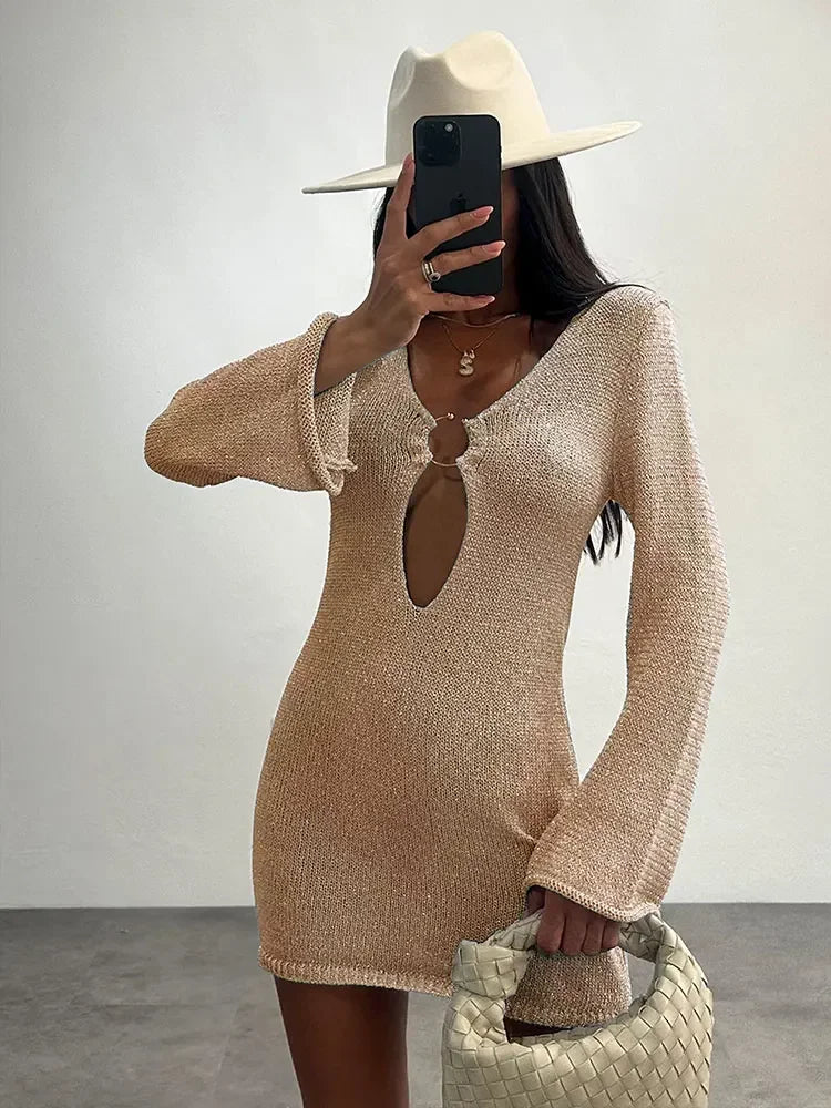 Sexy manga larga magro vestido de malha 2024 outono/inverno feminino elegante com decote em v vestidos curtos a2917