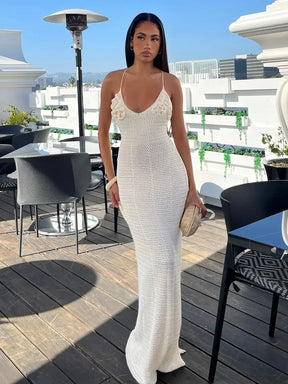 Branco malha cortar cinta de espaguete flor vestido longo sexy decote em v bodycon praia maxi vestido 2025 verão feminino férias outfit k79