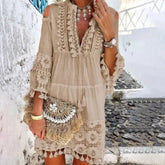 Nova primavera bordado crochê renda boho vestido feminino elegante fora do ombro borla plissado mini vestido de verão com decote em v senhora vestido de praia