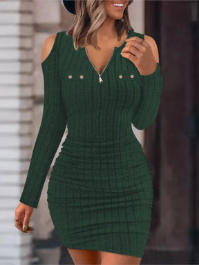 Outono inverno feminino nova cor sólida zíper sexy decote em v fora do ombro apertado saco hip casual vestido de manga comprida