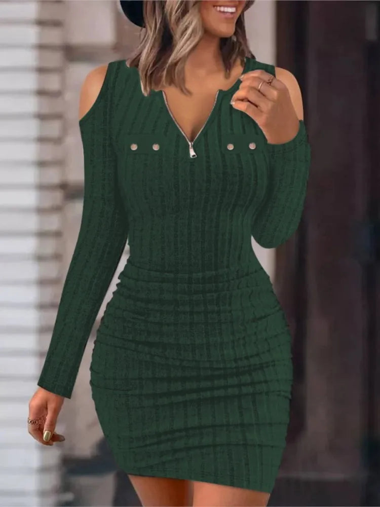 Outono inverno feminino nova cor sólida zíper sexy decote em v fora do ombro apertado saco hip casual vestido de manga comprida