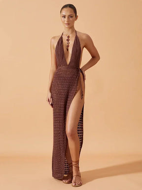 Sexy profundo decote em v sem costas malha cortar fenda praia maxi vestido 2025 feminino verão maiô cobrir chique vestidos de festa túnica a2889