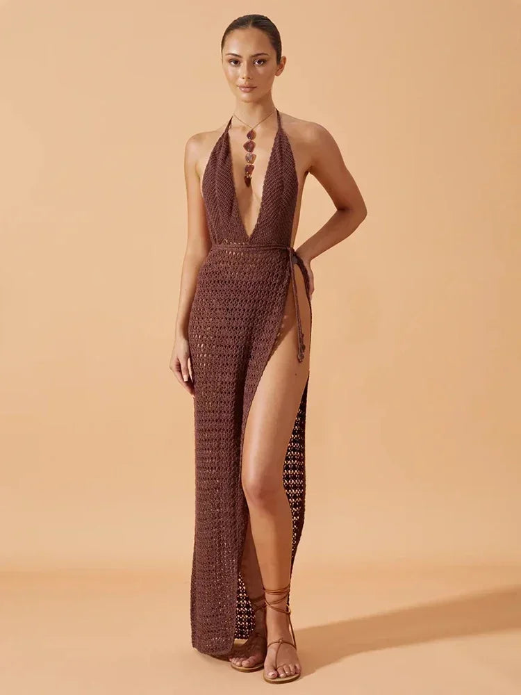 Sexy profundo decote em v sem costas malha cortar fenda praia maxi vestido 2025 feminino verão maiô cobrir chique vestidos de festa túnica a2889