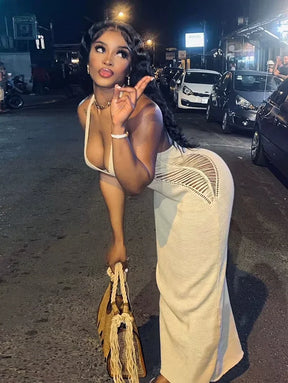 Bwq malha halter oco maxi vestido feminino rendas até sem costas cintura sexy bodycon estiramento sem mangas magro férias outfit 2025