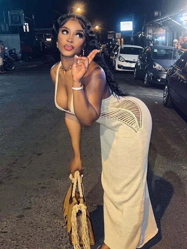 Bwq malha halter oco maxi vestido feminino rendas até sem costas cintura sexy bodycon estiramento sem mangas magro férias outfit 2025
