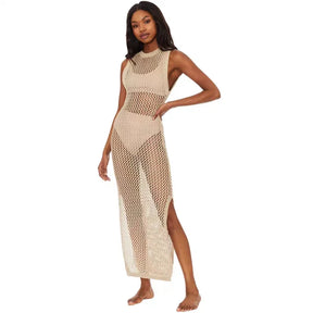 Europeu e americano feminino usar malha oco para fora o-pescoço vestido longo verão praia estilo malha fenda oco para fora bikini cover-up