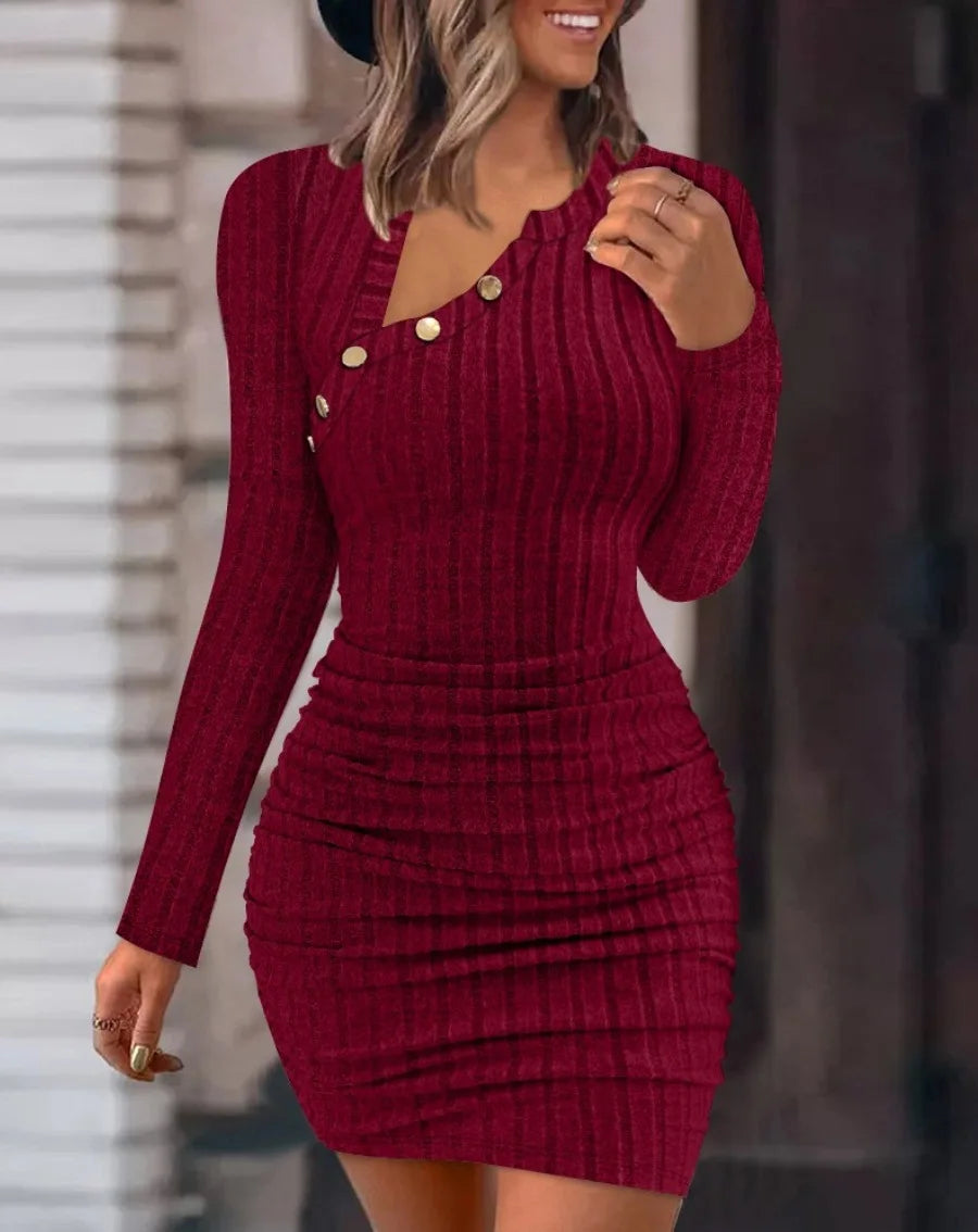 Vestidos bodycon com gola redonda e botão para mulheres, cor sólida, mini vestido envoltório com nervuras, slim fit, suéter de malha franzido