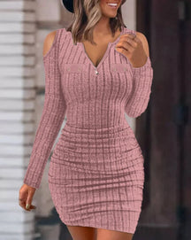 Outono inverno feminino nova cor sólida zíper sexy decote em v fora do ombro apertado saco hip casual vestido de manga comprida