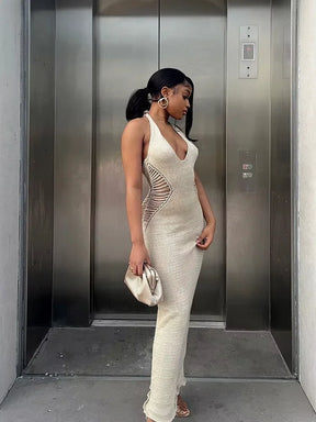 Bwq malha halter oco maxi vestido feminino rendas até sem costas cintura sexy bodycon estiramento sem mangas magro férias outfit 2025