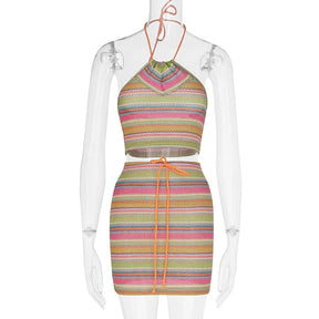Moda feminina americana impressão halter ins pequeno colete saco hip saia terno sexy cor halter terno à beira-mar férias wear
