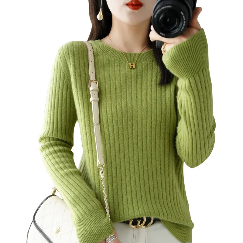 2025 mulheres suéteres outono inverno manga longa pullovers o pescoço listra quente pulôver coreano moda camisas de fundo solto jumper