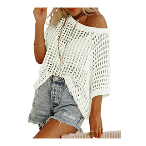 Blusa feminina casual camisa superior manga curta transparente crochê oco camisola de malha superior cor sólida blusa feminina solta