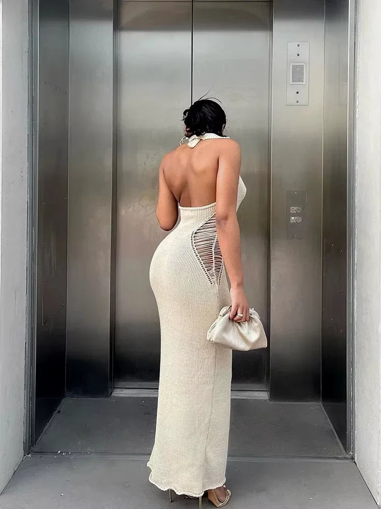 Bwq malha halter oco maxi vestido feminino rendas até sem costas cintura sexy bodycon estiramento sem mangas magro férias outfit 2025