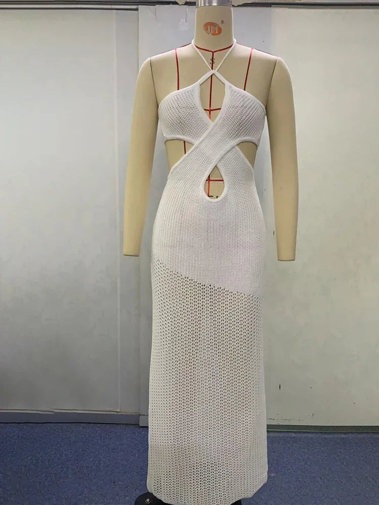 Avrilyaan-Vestido sem costas feminino branco de tricô, Oco Out, Elegante, Casual, Longo, Feriado, Sexy, Verão
