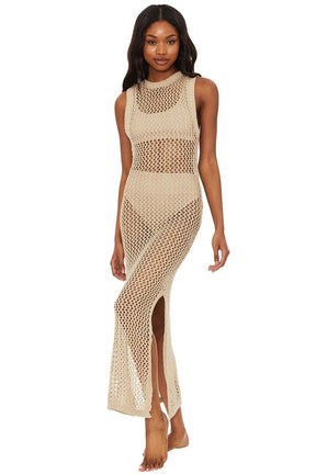 Europeu e americano feminino usar malha oco para fora o-pescoço vestido longo verão praia estilo malha fenda oco para fora bikini cover-up