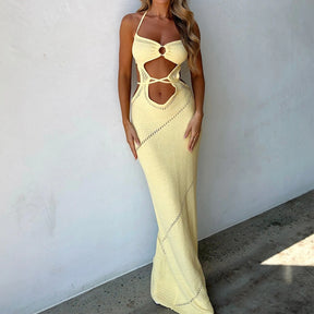 Vestido longo de malha sem mangas feminino, Monocromático, Frente do cabeçada, Costas recortadas, Gravata, Fino, Casual, Praia, Verão