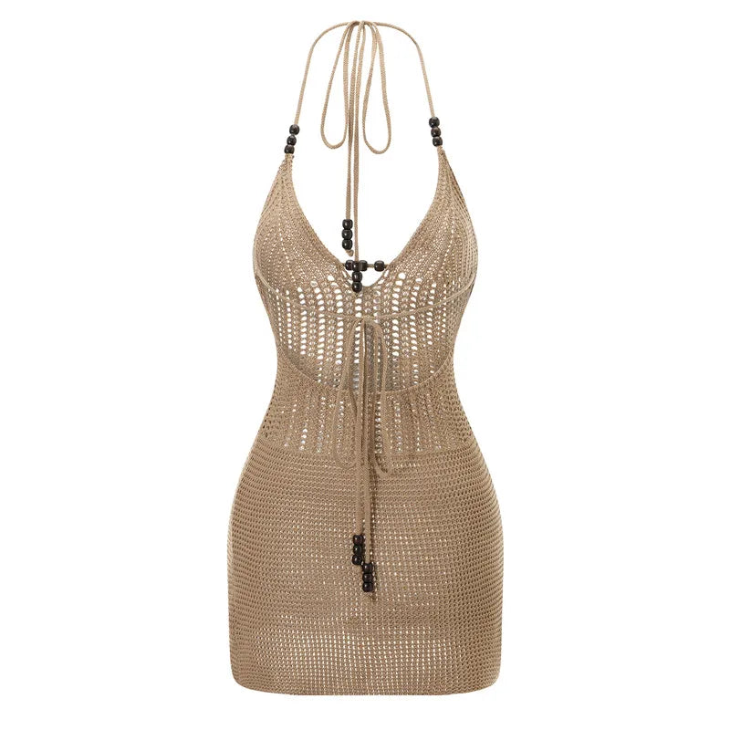 Hirigin feminino sem costas halter mini vestido casual verão malha crochê recorte bodycon vestido de festa para praia clube streetwear