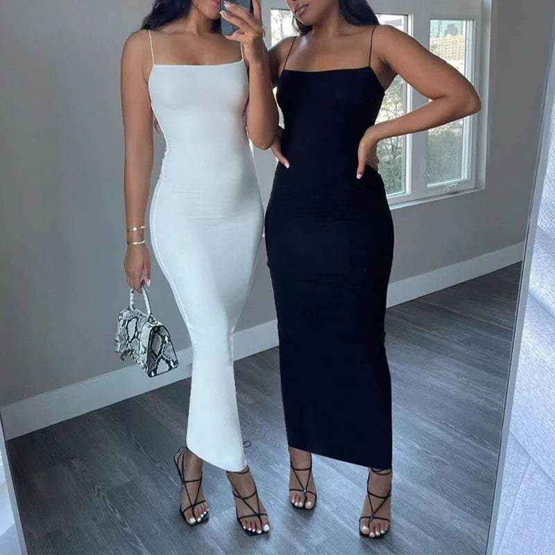Verão preto sexy vestido feminino streetwear sem mangas sem costas sólido cinta de espaguete bodycon casual clubwear elegante vestidos de festa