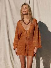 Sexy profundo decote em v rendas manga sino malha oco para fora praia mini vestido 2025 verão maiô cobrir feminino casual túnica k14