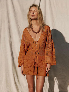 Sexy profundo decote em v rendas manga sino malha oco para fora praia mini vestido 2025 verão maiô cobrir feminino casual túnica k14