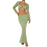 Feminino verão 2 peças crochê oco para fora maiô cobrir ups fora do ombro malha colheita pullovers + saia longa conjunto beachwear